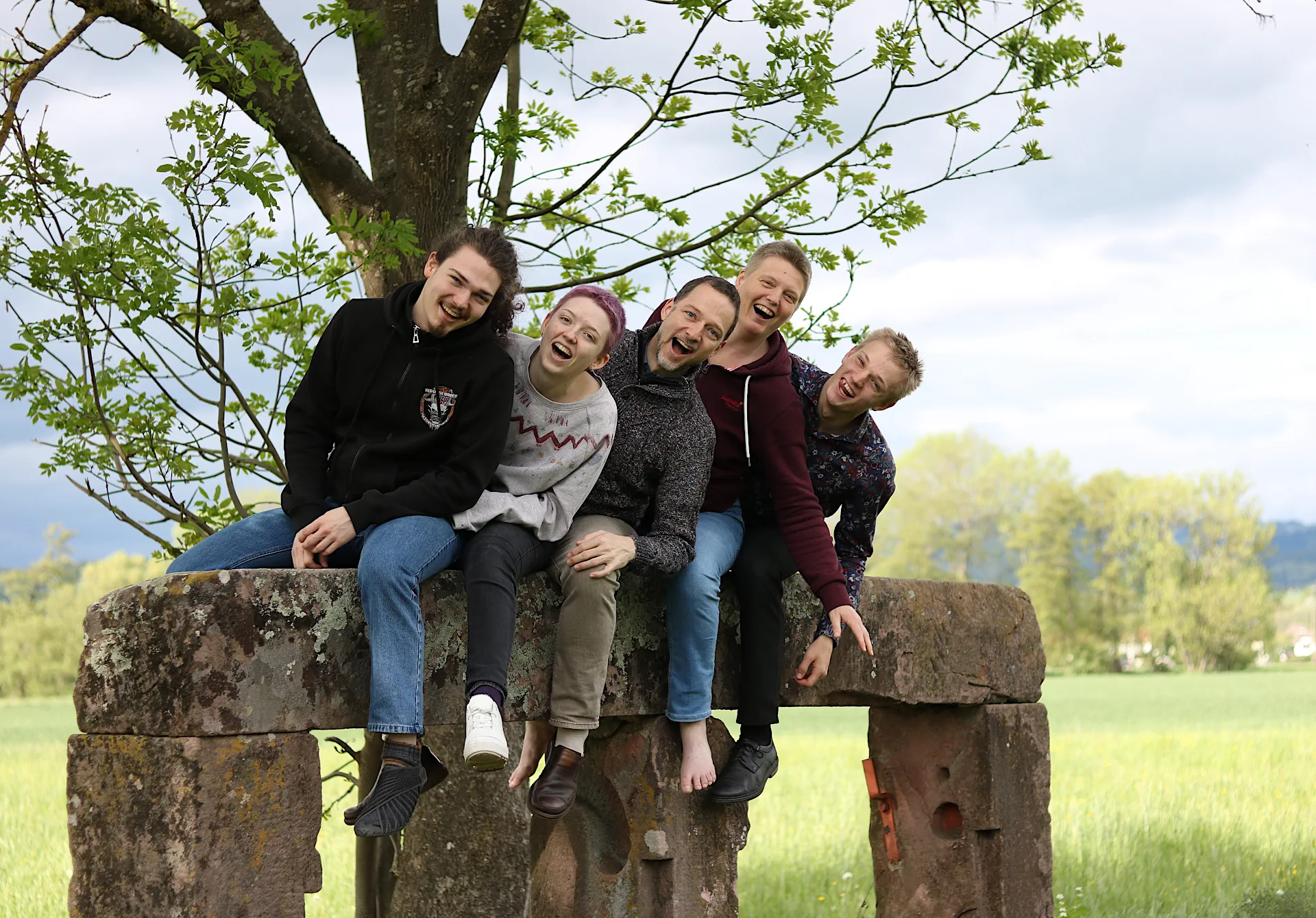 Barbara, Olav, Niklas, Karin und Jens lachend auf einer Steinmauer unter einem Baum